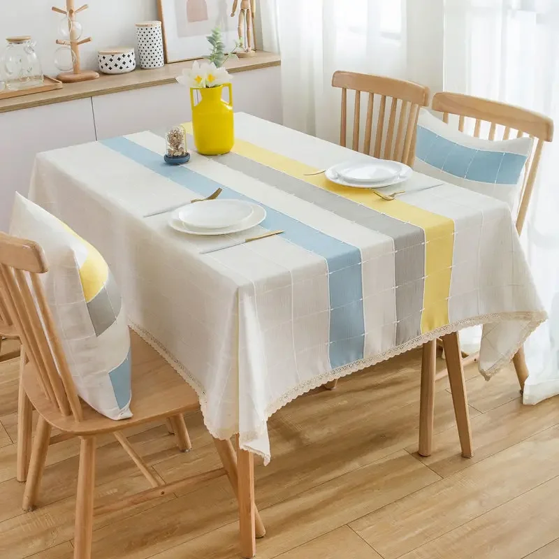 Rectangular Linen Tablecloth with Tassel, Four-tone Stripe, Plaid, Lace, Waterproof, Coffee, Dining Table Cover, Square, 140cm