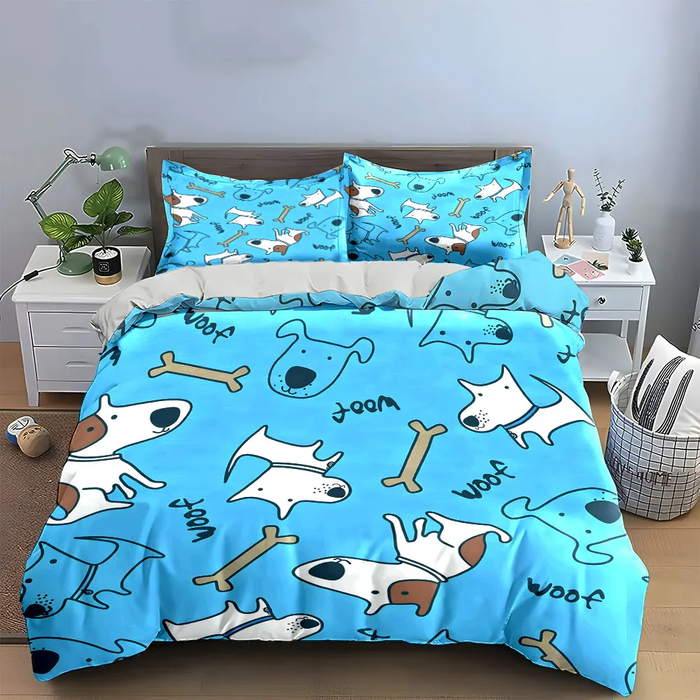 3Pcs Simple Line Puppy & Bone Duvet Cover Set, Light Blue Cute Dog Bedding Includes 1 Duvet Cover And 2 Pillowcase, Gift