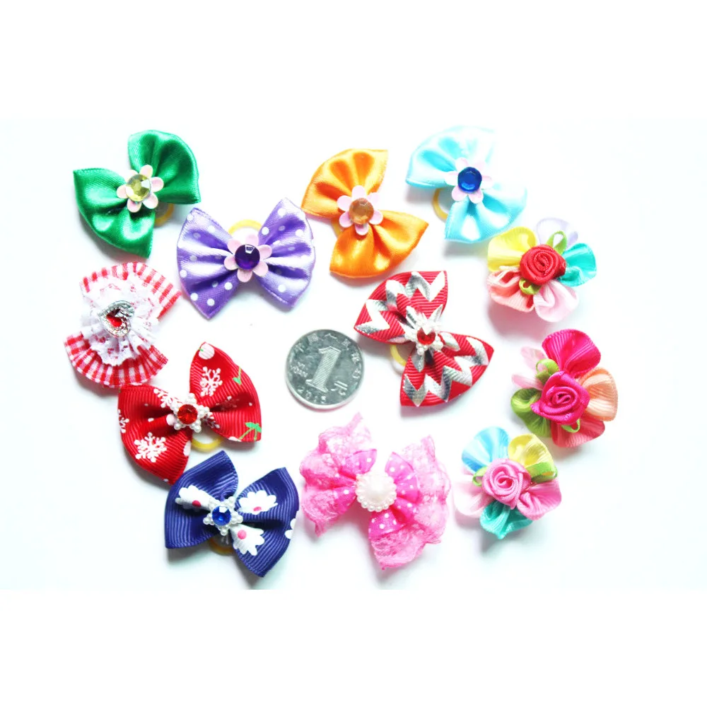 50/100pcs Dog Hair Bows Dog Bows with Diamond Colorful Grooming Rubber Band for Small Dog Pet Girls Grooming Hair Accessories