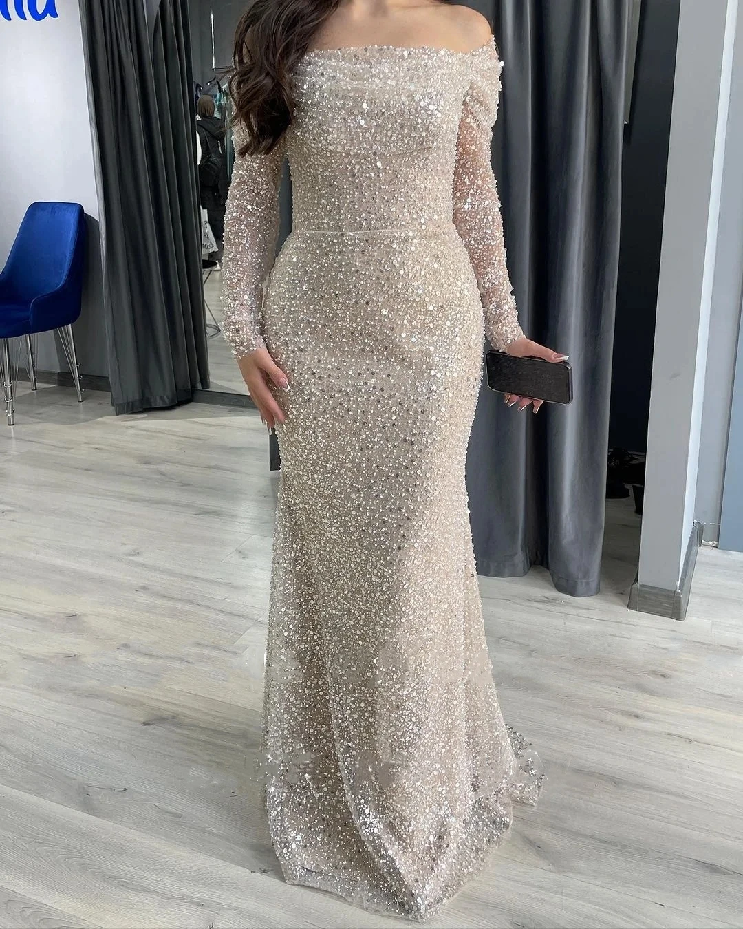 

Romantic Champagne Sqeuins Beading Pearls Boat Neck Mermaid Prom Dresses Off Shoulder Saudi Arabic Evening Gowns Formal Dress