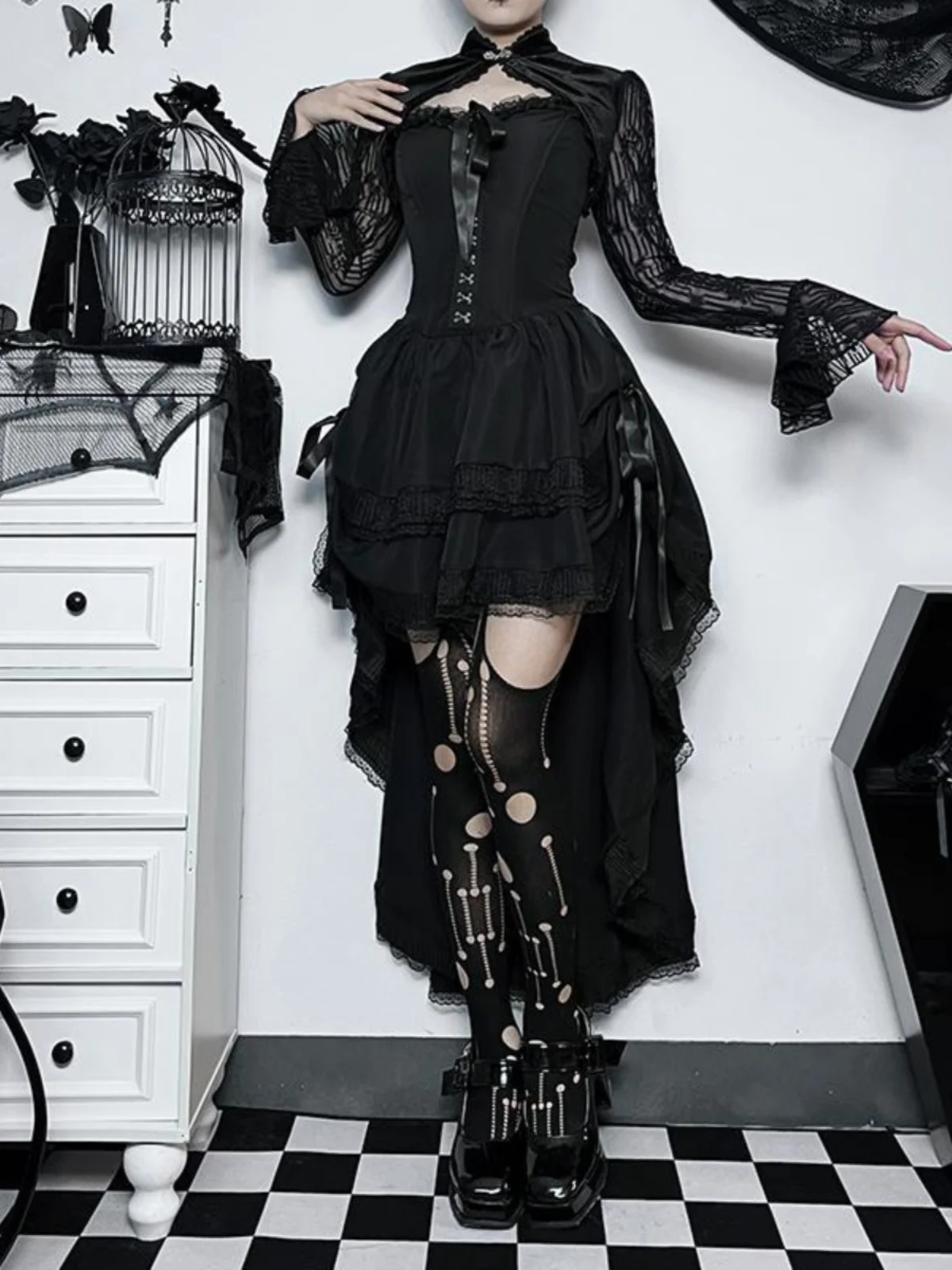 Gothic-Lolita-Halloween-Kostüm, tailliert, sexy Dr. Long Sve One-Shoulder-Rock, romantische Festival-Kleidung