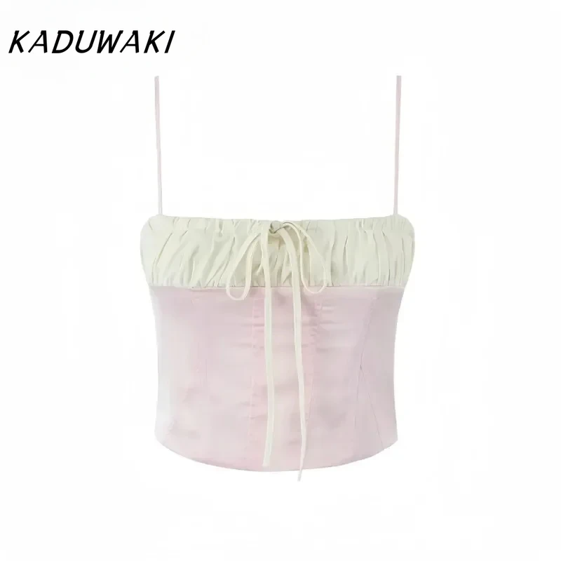 KADUWAKI Summer Sexy Strapless Suspender Pleated Short Vest Camis Solid Zipper Slim Fit and Exposed Navel Versatile Top 민소매 티 여성