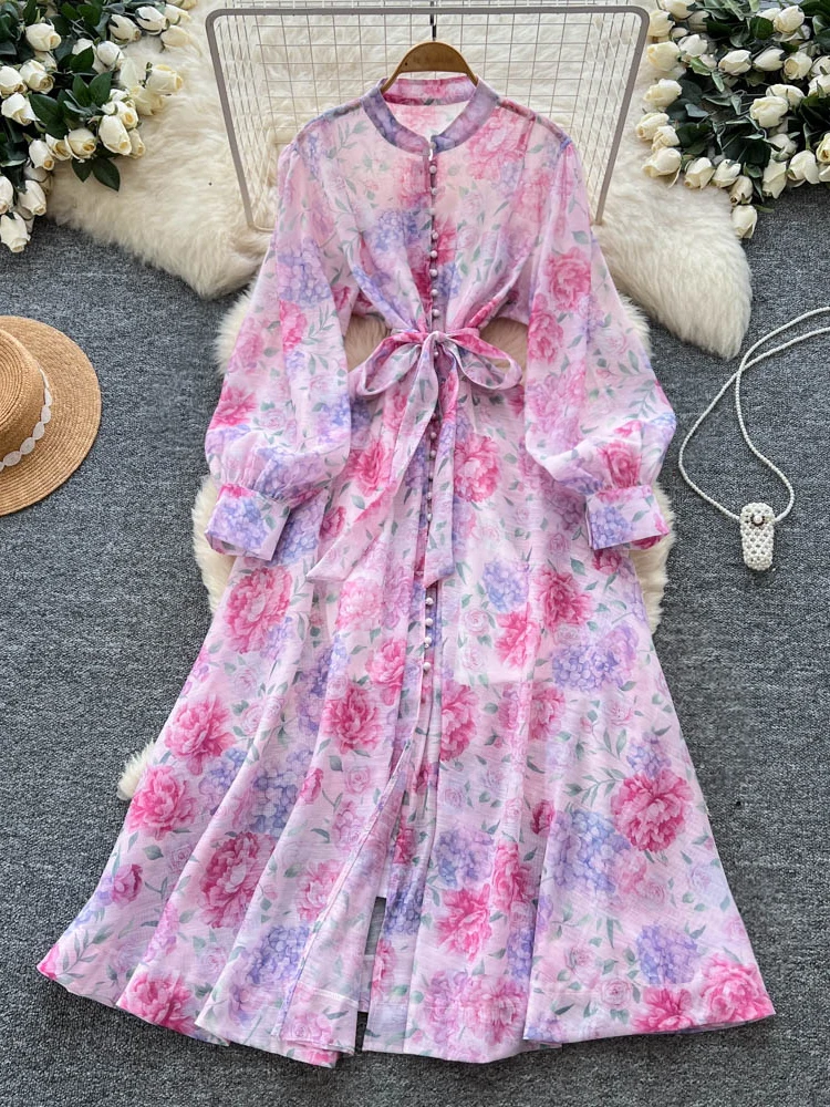 Długa spódnica damska z wiązaniem w talii, jesienna, w stylu dworskim, zapinana na jeden guzik, wyszczuplająca, z nadrukiem, o kroju litery A, z wysokim stanem, z włókna poliestrowego.