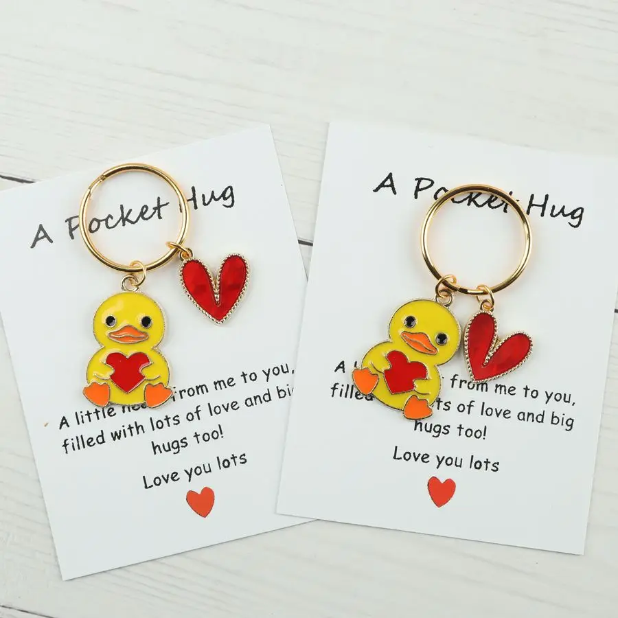 1 Pcs/2 Pcs Cute Little Yellow Duck Keychain, Includes a V-Pocket Embrace Card, Paired with a Small Gold Heart Pendant.