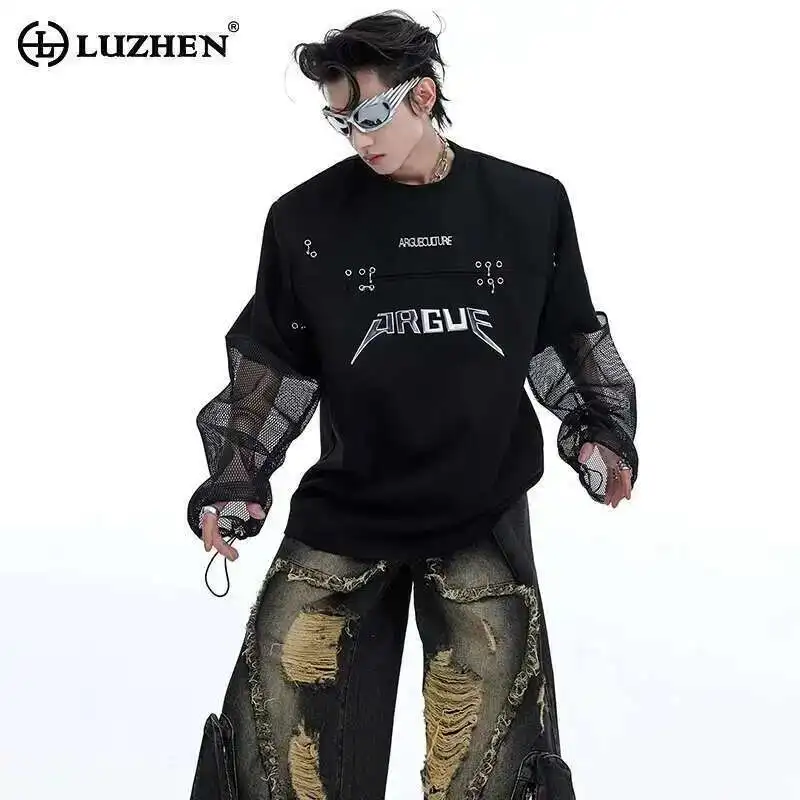LUZHEN Fashion New Original Gauze Splicing Design Long Sleeve T Shirts Men's 2025 Trendy Niche High Quality Casual Tops LZ3975