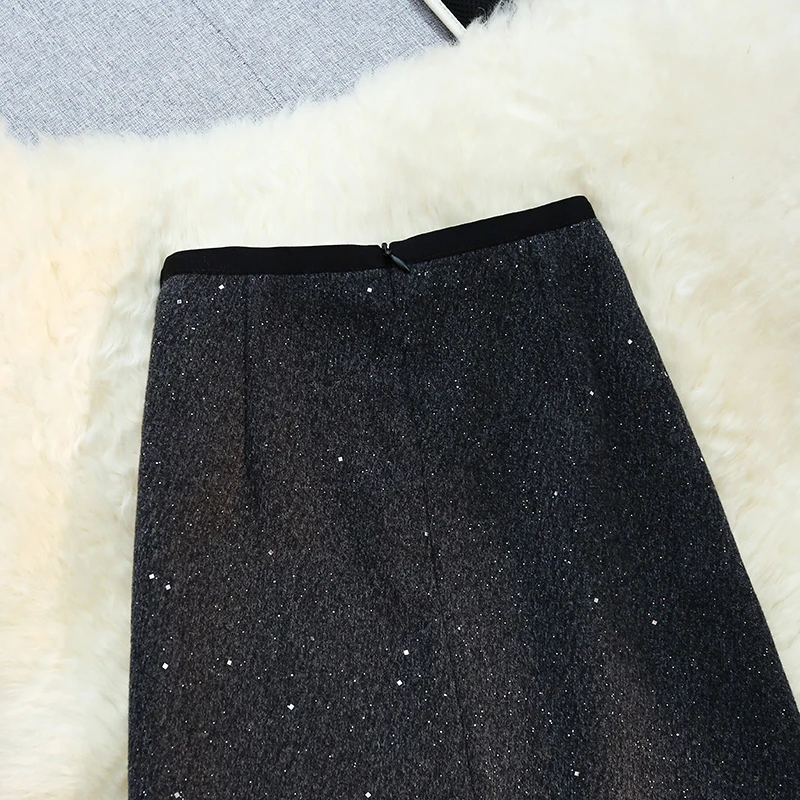 Elegant Glitter Woolen Midi Skirt Women Autumn Winter Chic High Waist Bodycon Pencil Skirt with Slit Sparkly Sequin Party Outfit