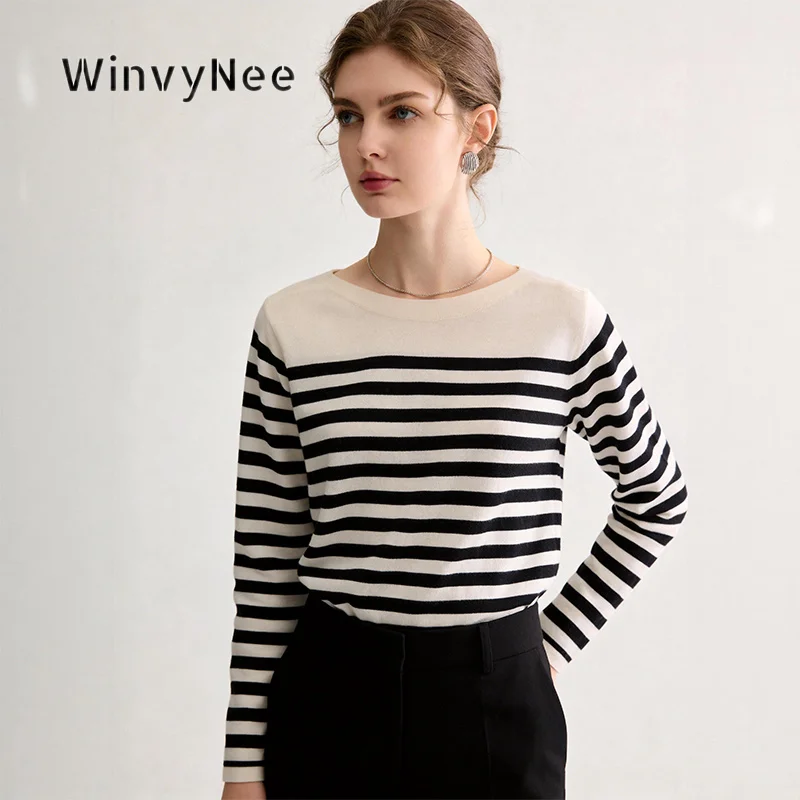 WinvyNee Women Knitwear Fine Spun Pure Wool Stripe Boat Neck Pullover Preppy Elegant Layering Soft Spring Autumn Daily A1847001
