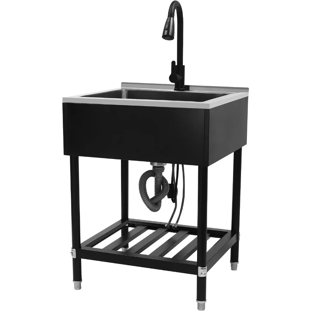 

Steel Utility Sink, 25" x 22" Utility Sink Free Standing Single Bowl Sink, Commercial Laundry Washing Hand Basin w/Storage Shelf