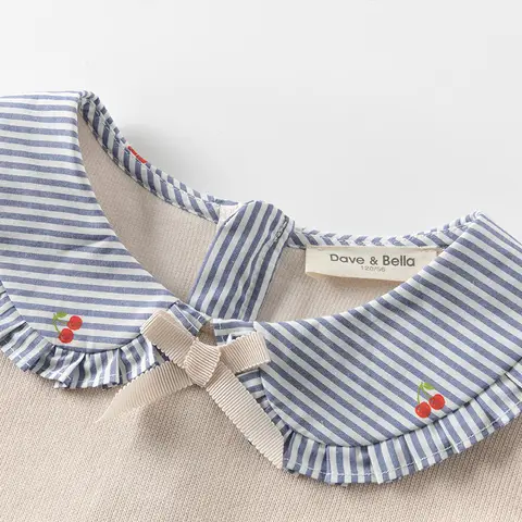 데이브 벨라 어린이 공주 원피스 용수철, 귀여운 체리 프린트, 스트라이프 긴팔 코튼, 여아 아기 원피스 파티, DK1250369