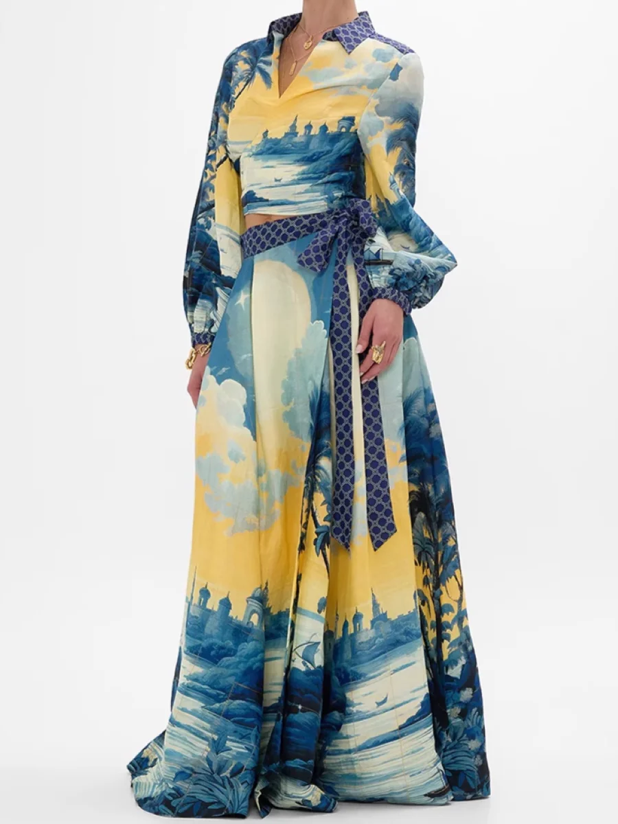 

Women Retro Printed Long Skirt Wrapped Waist A-Line Loose Fashion Jupe