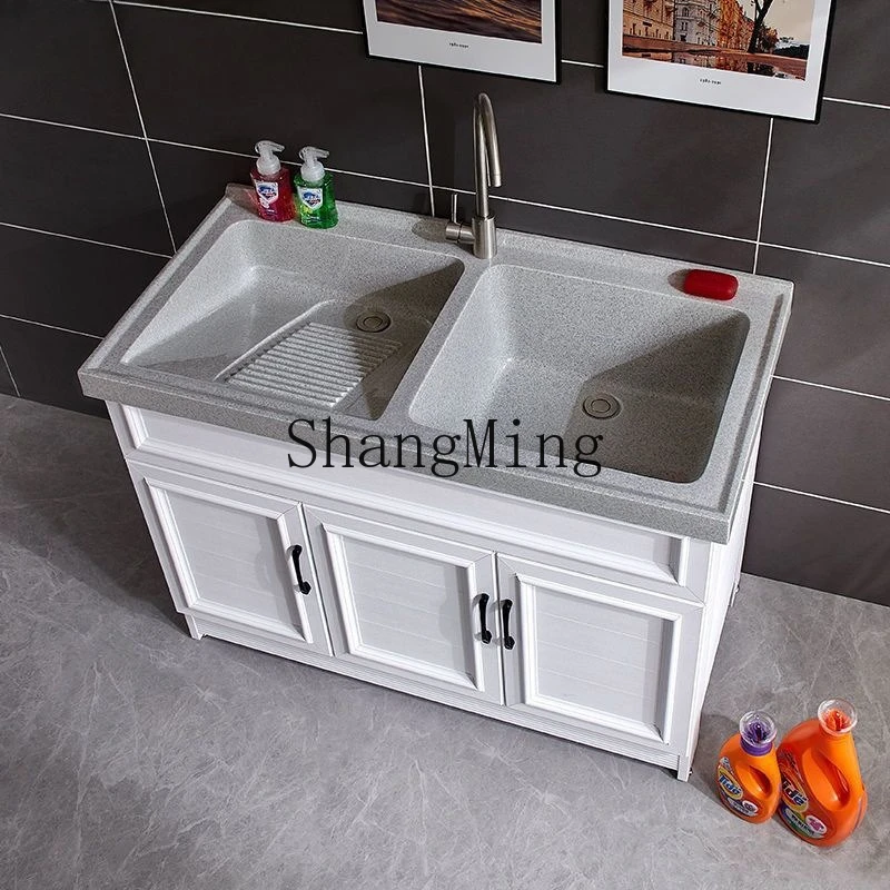 

CL Aluminum Laundry Cabinet Balcony Combination Stainless Steel Laundry Pool Artificial Stone Double Basin with Rub Board