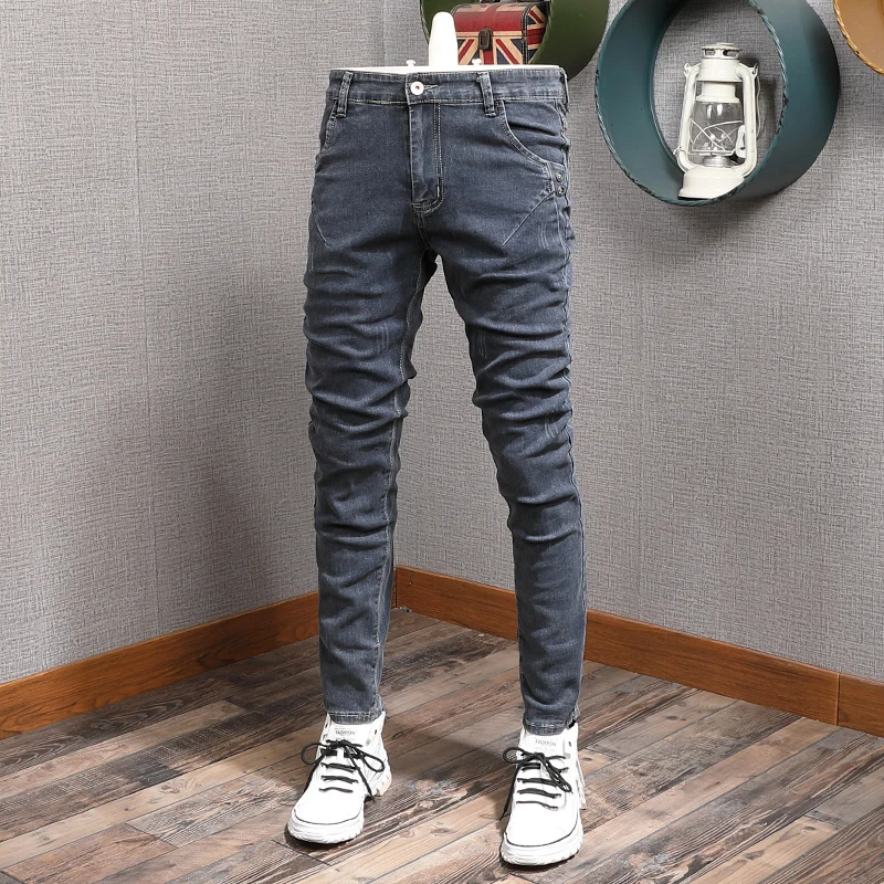 Fashion Designer Men Jeans Retro Blue Gray Stretch Skinny Fit Ripped Jeans Men Street Vintage Casual Denim Pencil Pants Hombre