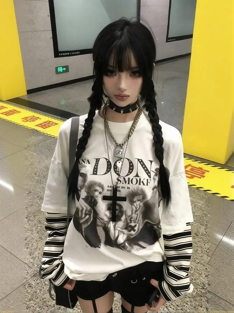 Y2k 100% Cotton Fake Two-piece Crew Neck Long Sleeve Tops Striped Patchwork Loose Graphic T Shirt Autumn Women Basic Shirt