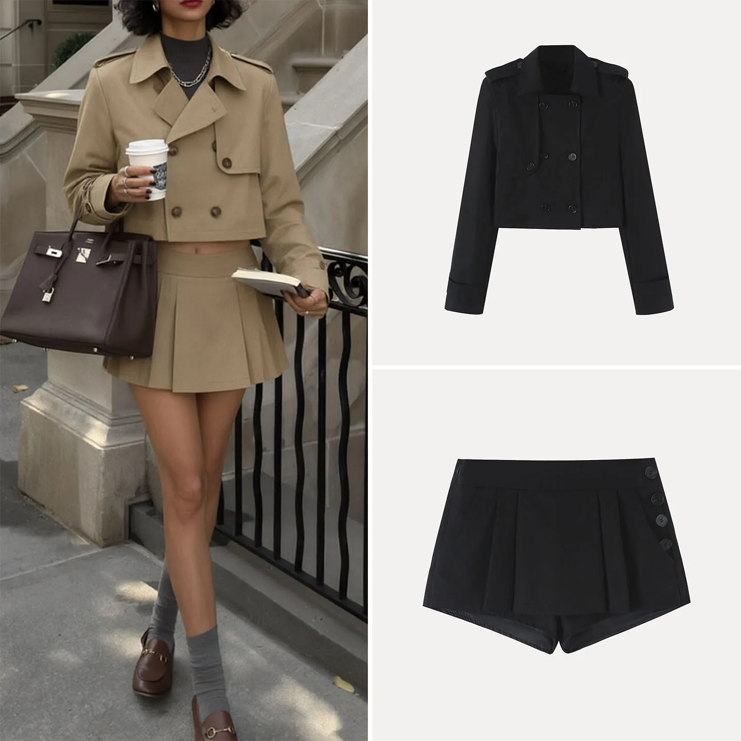Women's Short Coat Vintage Double Buttoned Collar Pleated Button A-Line Skirt Pants Fashion Set Autumn 2026 Zadata Brand