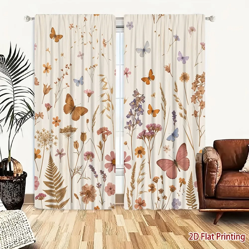 2PCS Pastoral Curtains, Butterfly Floral, Digital Print, Bedroom Living Room, Office, Kitchen, Bathroom, Window Drapes