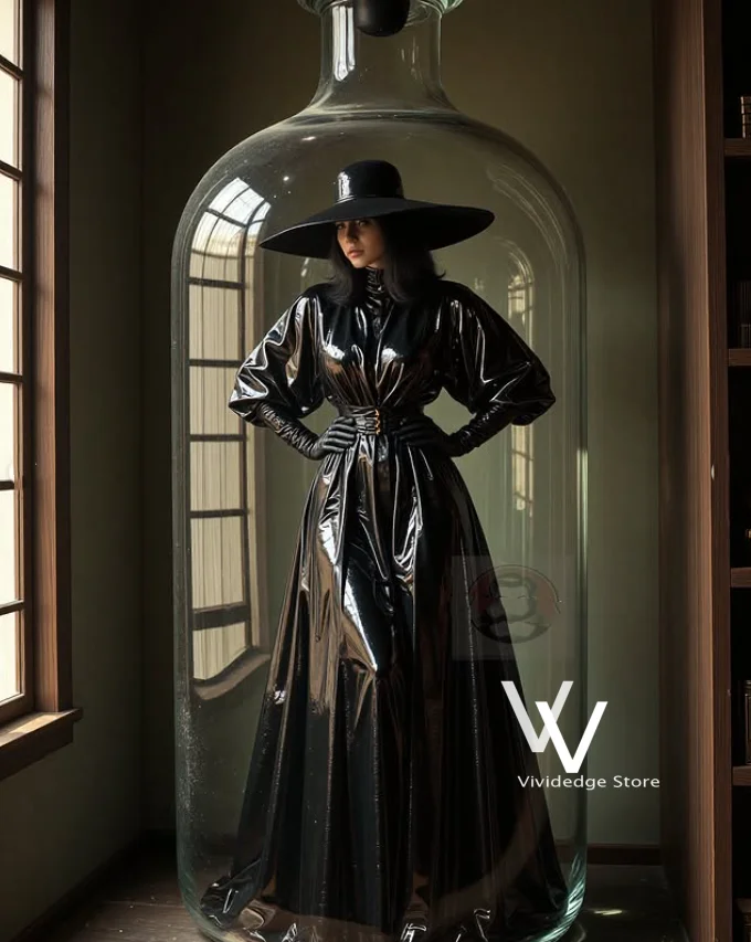 Schwarzes glänzendes PVC-Gothic-Abendkleid mit Rollkragen, Puffärmeln, A-Linie, bodenlang, dunkles Hexen-Cosplay-Kleid, formelles Ballkleid, maßgeschneidert.