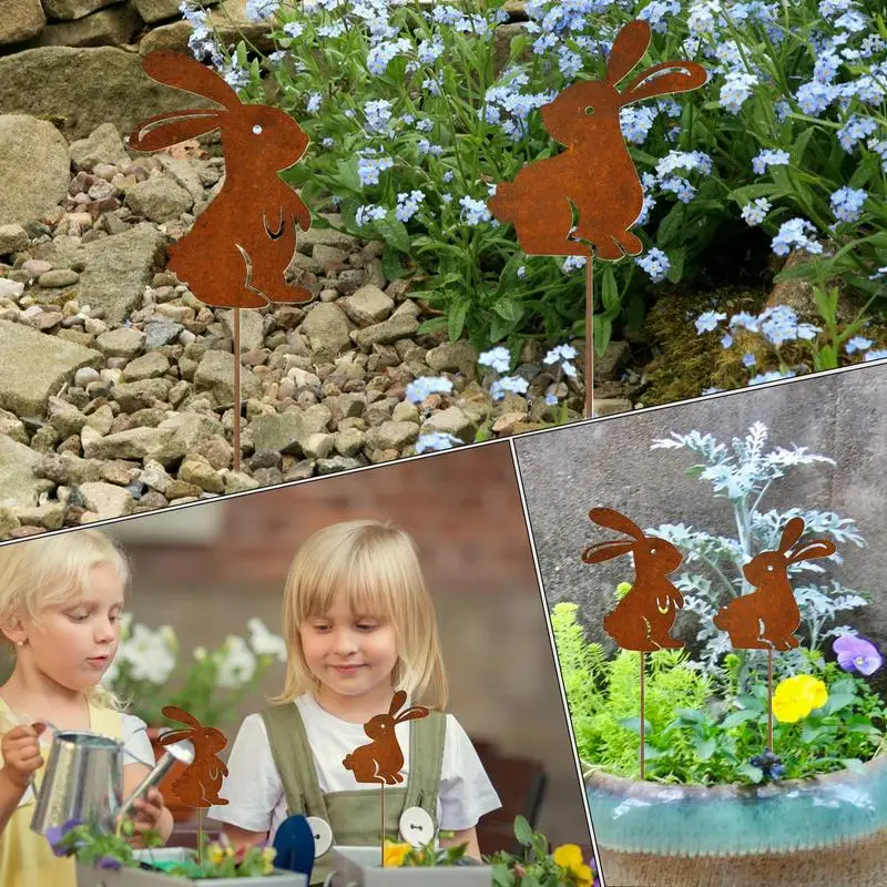 Señales de Pascua para patio, palitos de maceta de hierro con bonito conejito para Pascua, suministros de decoración para el hogar y exteriores, accesorios para fotos con enchufe de jardín