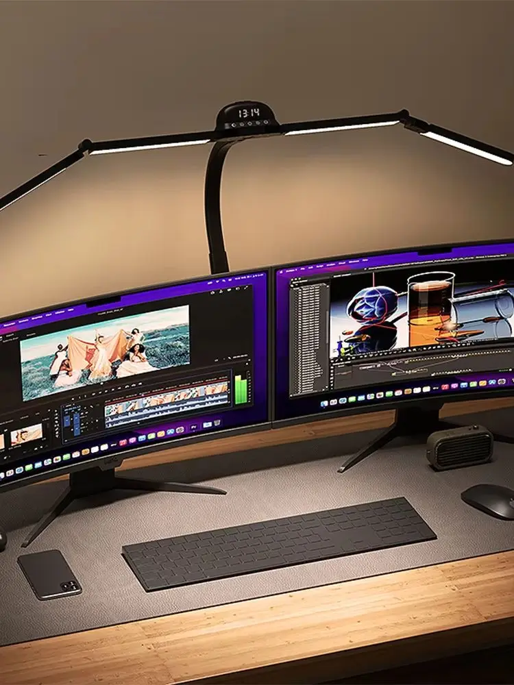 LED Vollspektrum Augenschonende Schreibtischlampe 120cm Ultra Helle RGB Dimmbare Computermonitor-Lampe Flexibler Schwanenhals 4-Kopf Schreibtischlampe