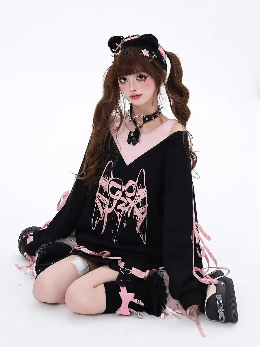 Temperament Vintage Sweet Fake Two Pieces Bow Printed Loose Sweatshirts Women Off Shoulder Hottie Streetwear Women Y2k Top