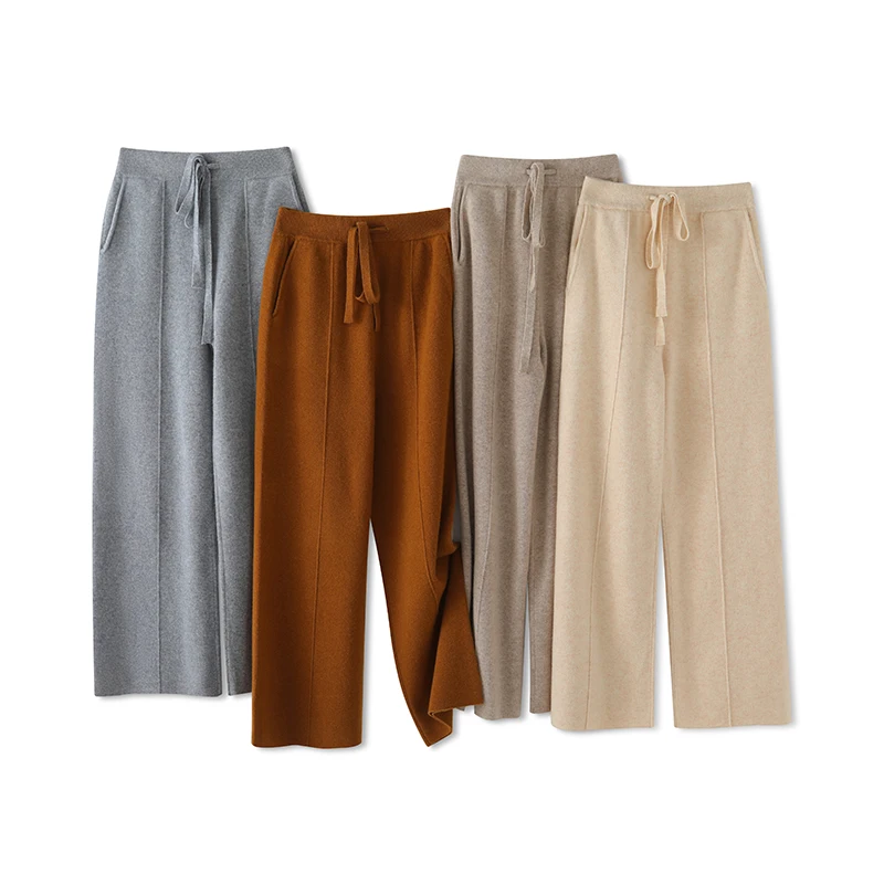 DjzDsm Women's 100% Merino Wool Wide Leg Knitted Pants Center Spring Autumn Comfortable Fit Casual Trousers Center Knitted Pants