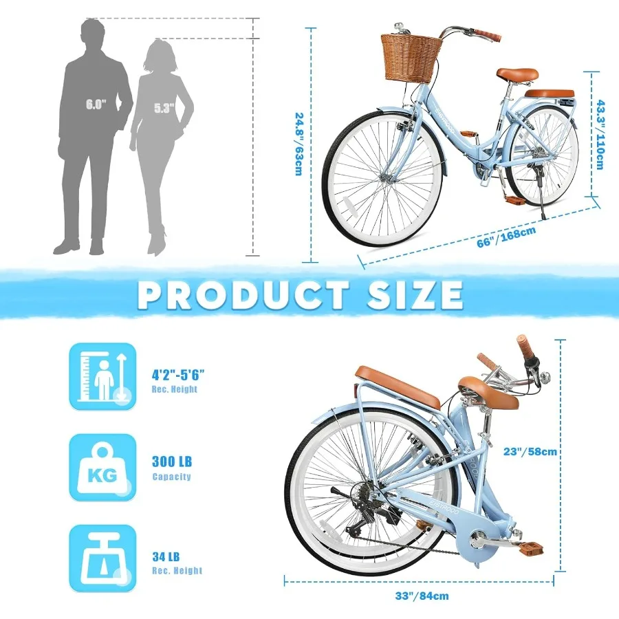 Bicicleta dobrável de praia cruiser de 26 polegadas para mulheres com engrenagens de 7 velocidades, cesta integrada e rack traseiro projetada para uma cidade confortável C