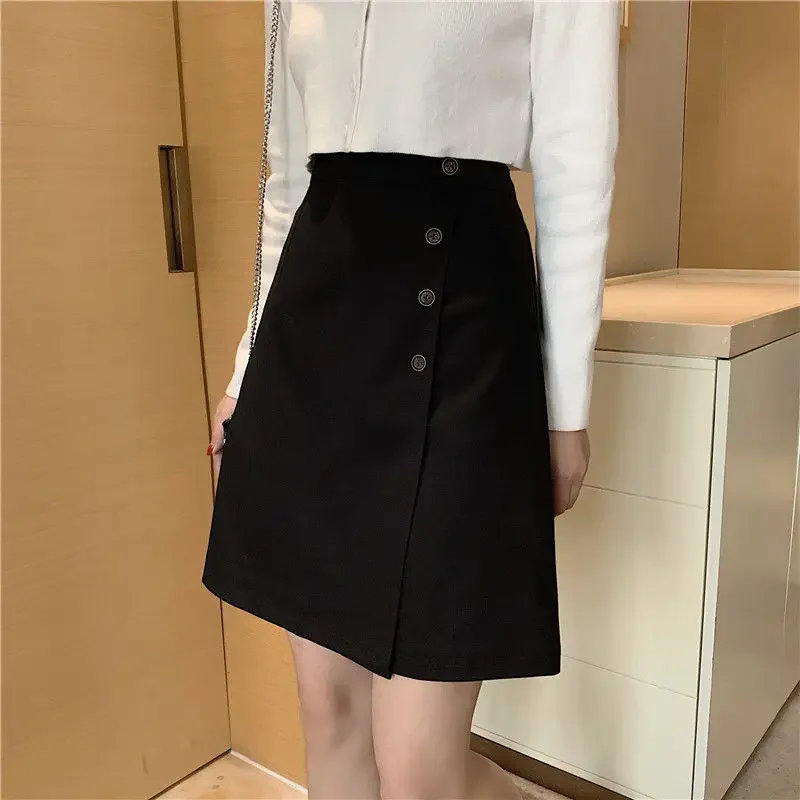 

Skirts Women 4XL Solid Button Knee-length Elegant Office Lady Business Temperament Korean Style Trendy Females Summer Z220
