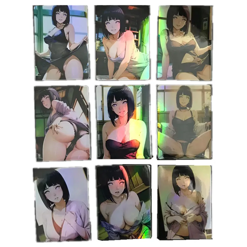 9Pcs/set Anime Naruto Hyuga Hinata ACG Sexy Nude Card Homemade Black Dress Toy Game Gift DIY Collection Card