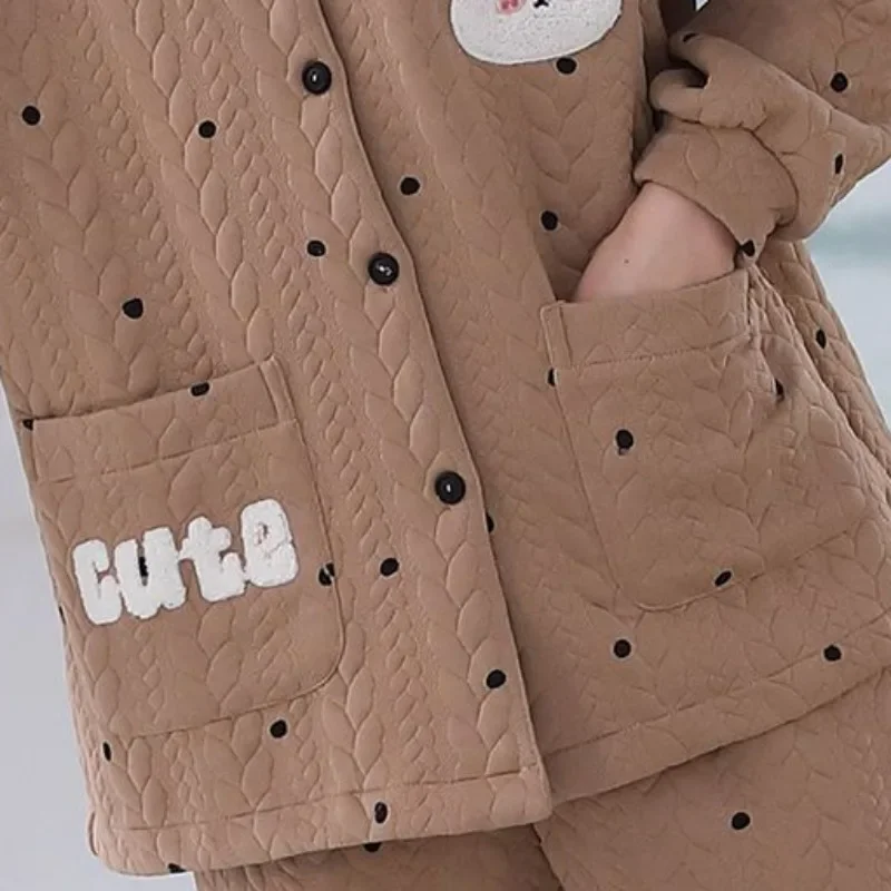 2024 New Air Cotton Sandwich Autumn Winter Pajamas Women Loose Loungewear Long Sleeved Sleepwear Set Spring V-neck Homewear