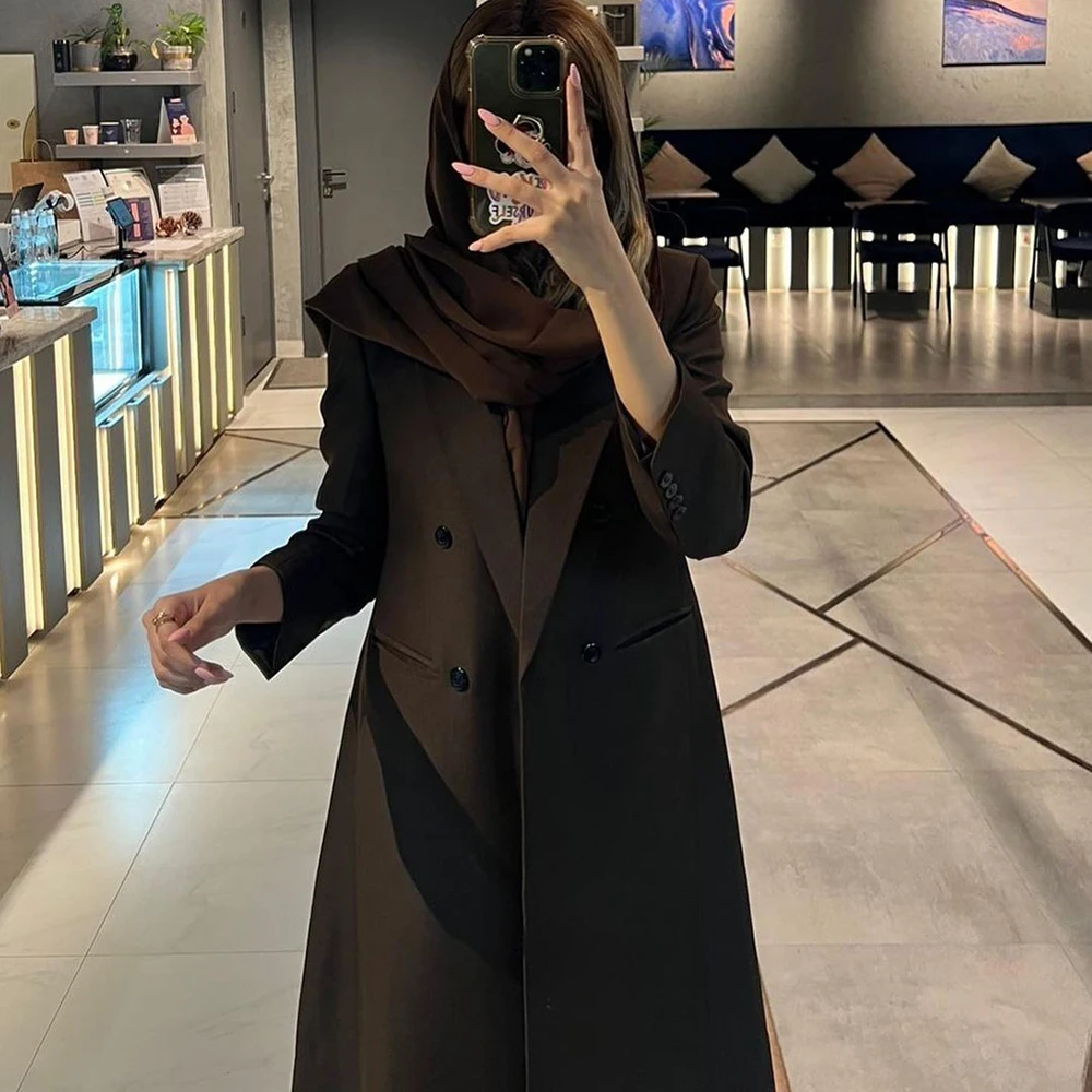 High Quality Solid Color Luxury Women Blazer Double Breasted Peak Lapel Long Female Clothing Dubai Muslim Abayas Outerwear