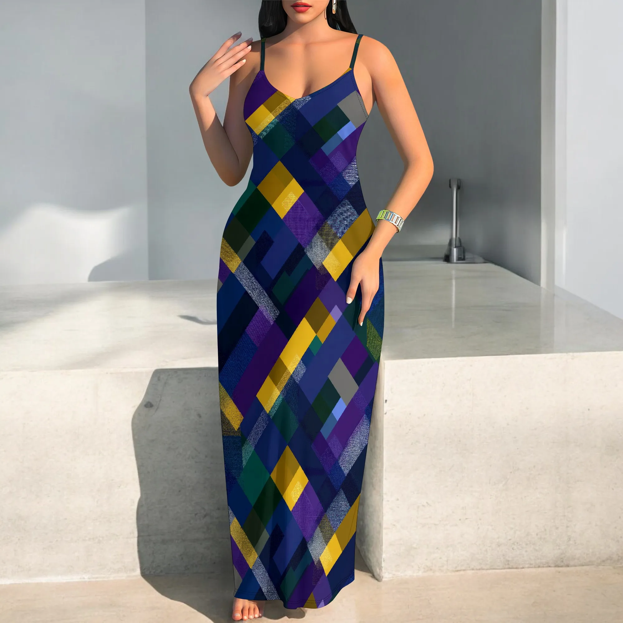 レディース夏用プラスサイズハワイアンワンピース タイダイ柄 スパゲッティストラップ マキシ丈ワンピース ビーチ ボヘミアン カジュアル サマードレス