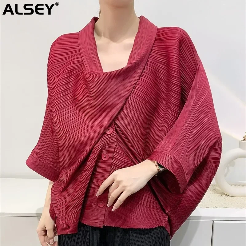 

ALSEY Miyake Pleated Plus Size Folded Top Spring Summer New Short Coat Women's Loose Casual 3/4 Sleeve Scarf Collar Shirt Top