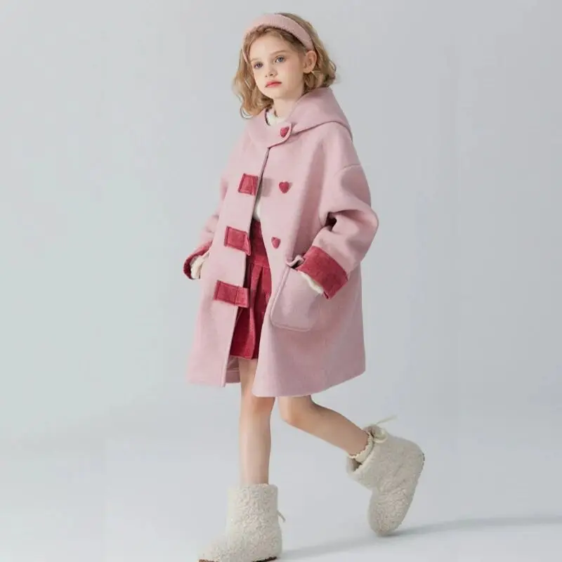 Spring And Autumn Girls' Woolen Coat Autumn/Winter New Collection Children's Pink Hoodie Medium Long Overcoat for 5-15Years
