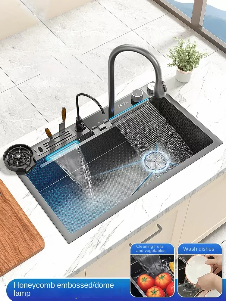 

New Stainless Steel Kitchen Sink Large Single Slot Double Waterfall Integrated Digital Display Faucet Set Embossed Washing Basin