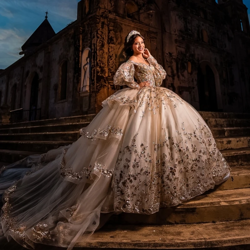 

Champagne Shiny Quinceanera Dresses Off The Shoulder Sequin Applique Lace Beading Crystal Tull Puff Sleeve Party Birthday Sweet