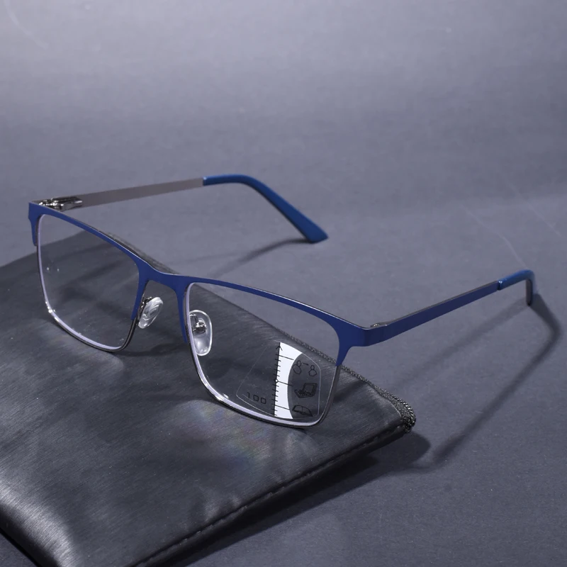 Double Color Blue Frame Progressive Multifocal Reading Glasse For Men Spring Hinge Legs Women Anti Blue Light Presbyopia +125