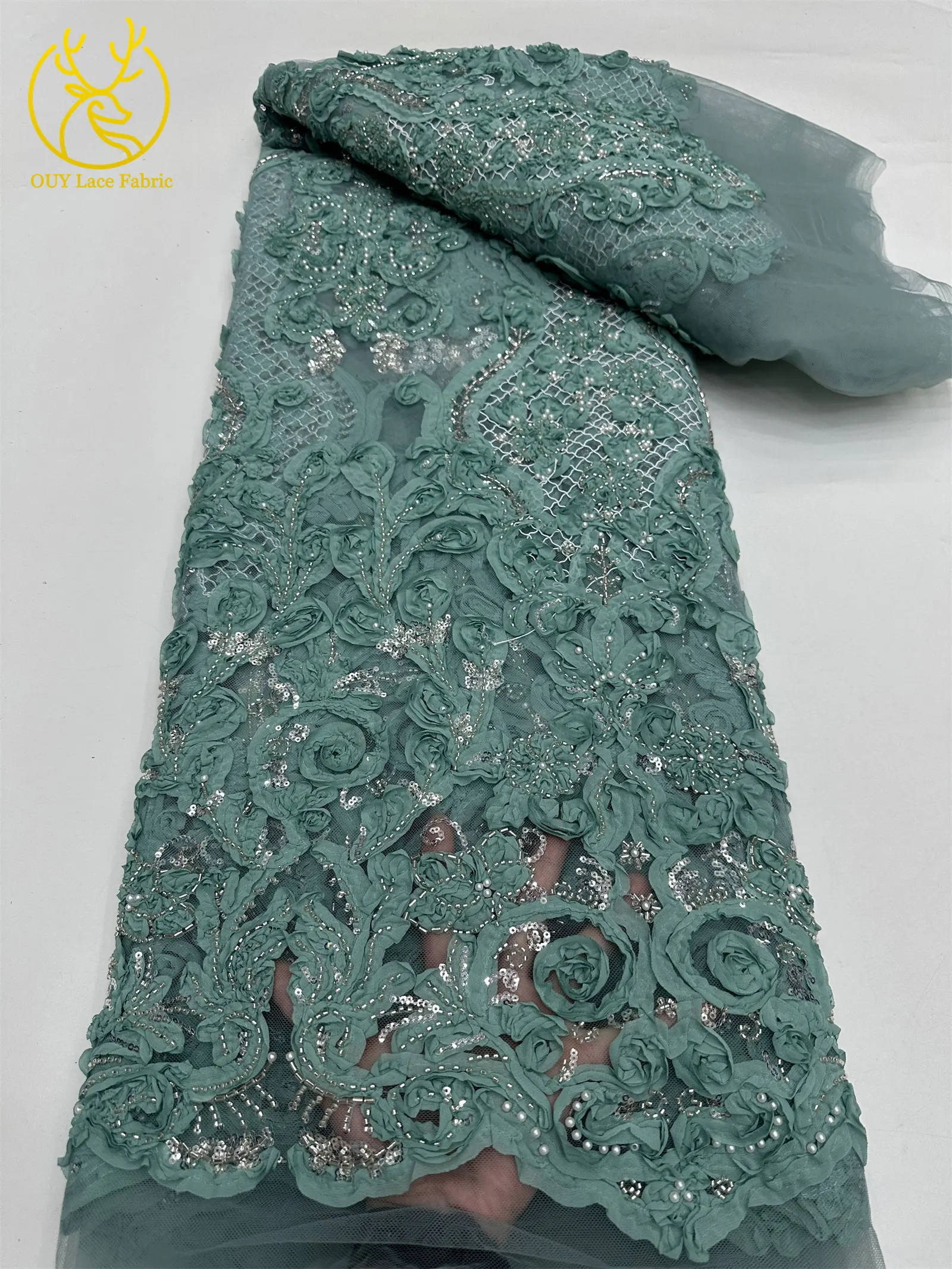 3D Afrikanischer Perlen-Spitzenstoff Schwarz Rot Luxuriöser Hochwertiger Französischer Pailletten-Tüll für Damen Abendkleid DIY Nähen 5 Yards – Detail 22