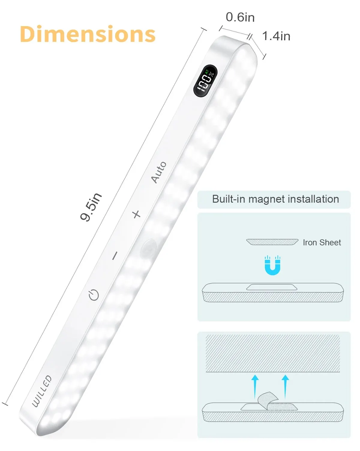 WILLED Motion Sensor Cabinet Light Battery Display 60 LED Touch Light Bar Wireless Rechargeable Battery Night Light