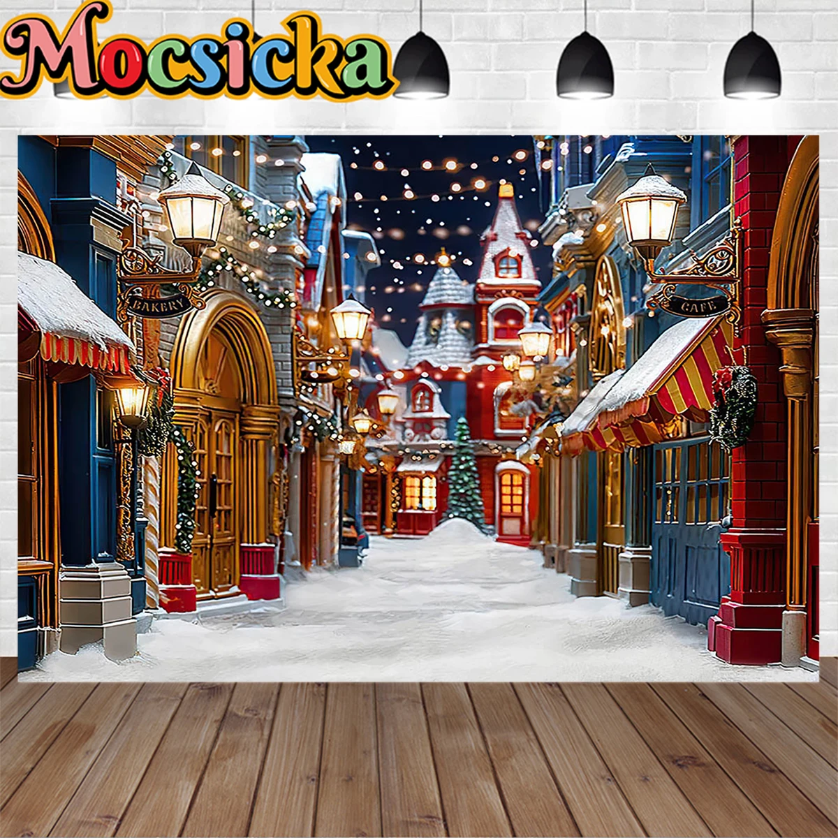 خلفية التصوير الفوتوغرافي لممرات شارع الكريسماس ، مصابيح لامعة ، متجر هدايا الكريسماس ، خلفية ندفة الثلج ، عطلة سعيدة ، استوديو فوتوزون للأطفال