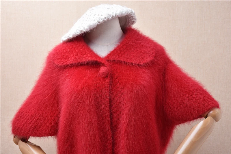 Ladies Wmen Autumn Winter Clothing Red Hairy Mink Cashmere Knitted TUrn-Down Neck Short Sleeves Loose Cardigans Sweater Mantle