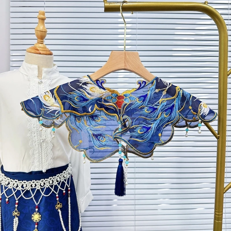 

Традиционный китайский бисер с кисточками, накладной воротник, винтажная вышивка, пернатая шаль Yunjian, асимметричная накидка