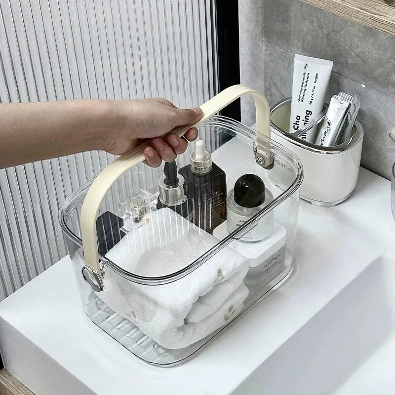 

Transparent Bathroom Women's Bath Basket Japanese-style PET+PP Basket with Lid Debris Storage Frame Portable Storage Basket