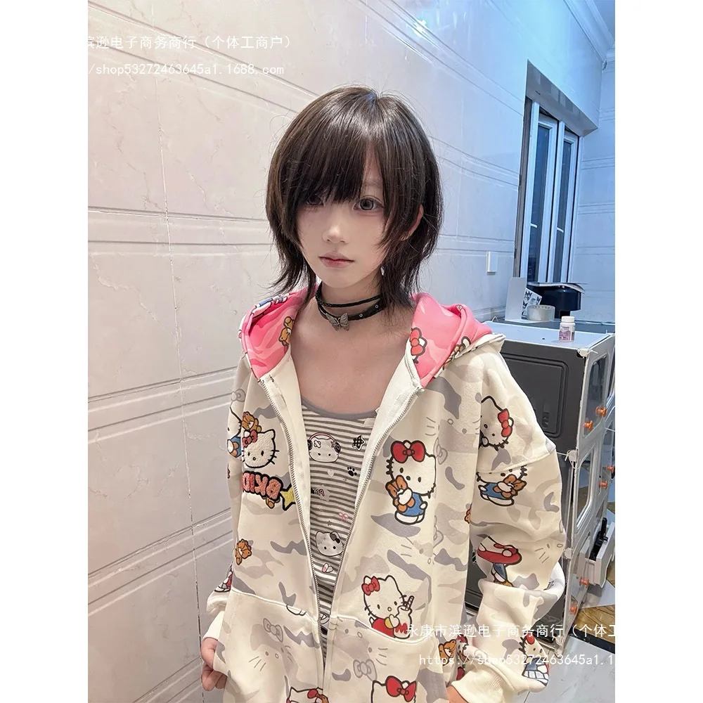 الكرتون مرحبا كيتي سستة مقنعين هوديي الخريف/الشتاء Kawaii أنيمي Y2K زوجين سترة سترة عسكرية فضفاض البلوز القماش #6