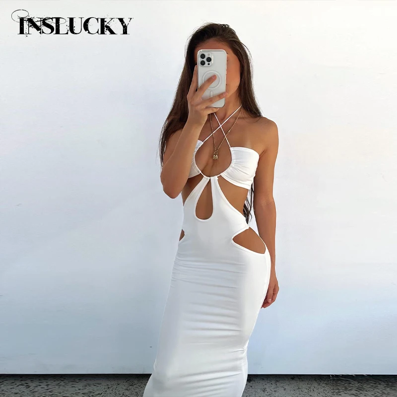 Inslucky Neck holder aushöhlen rücken freie figur betonte lange Kleid Frauen, aus geschnitten hohe Taille schnüren Strand kleider sexy elegant dünn