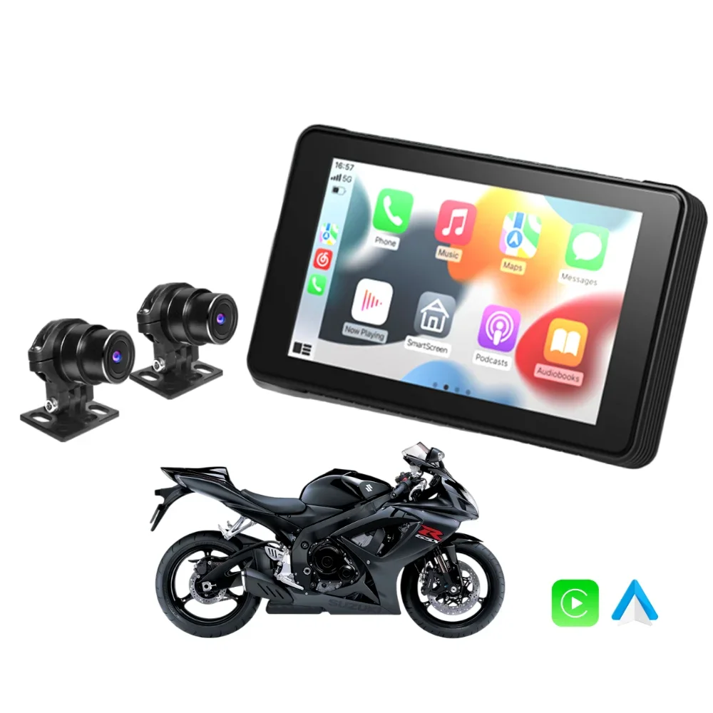 Motorcycle GPS Tire Pressure Detection Video Recorder 5 Inch Waterproof Touch Screen CarPlay Android Auto Monitor With 2K Camera