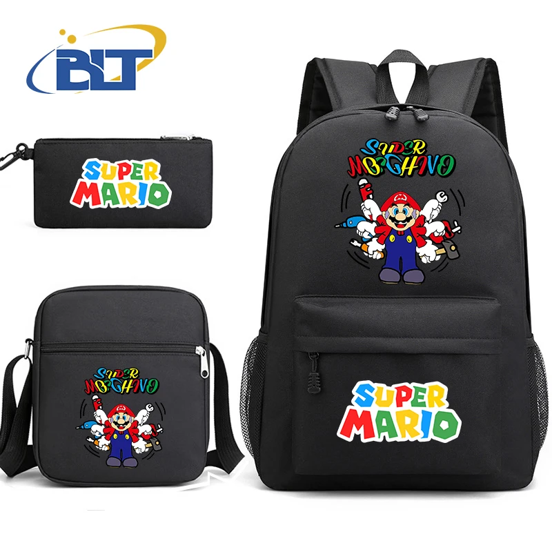 Conjunto de bolsa escolar masculina estampada MINISO Mario, mochila infantil, bolsa de ombro, estojo de lápis, conjunto de 3 peças