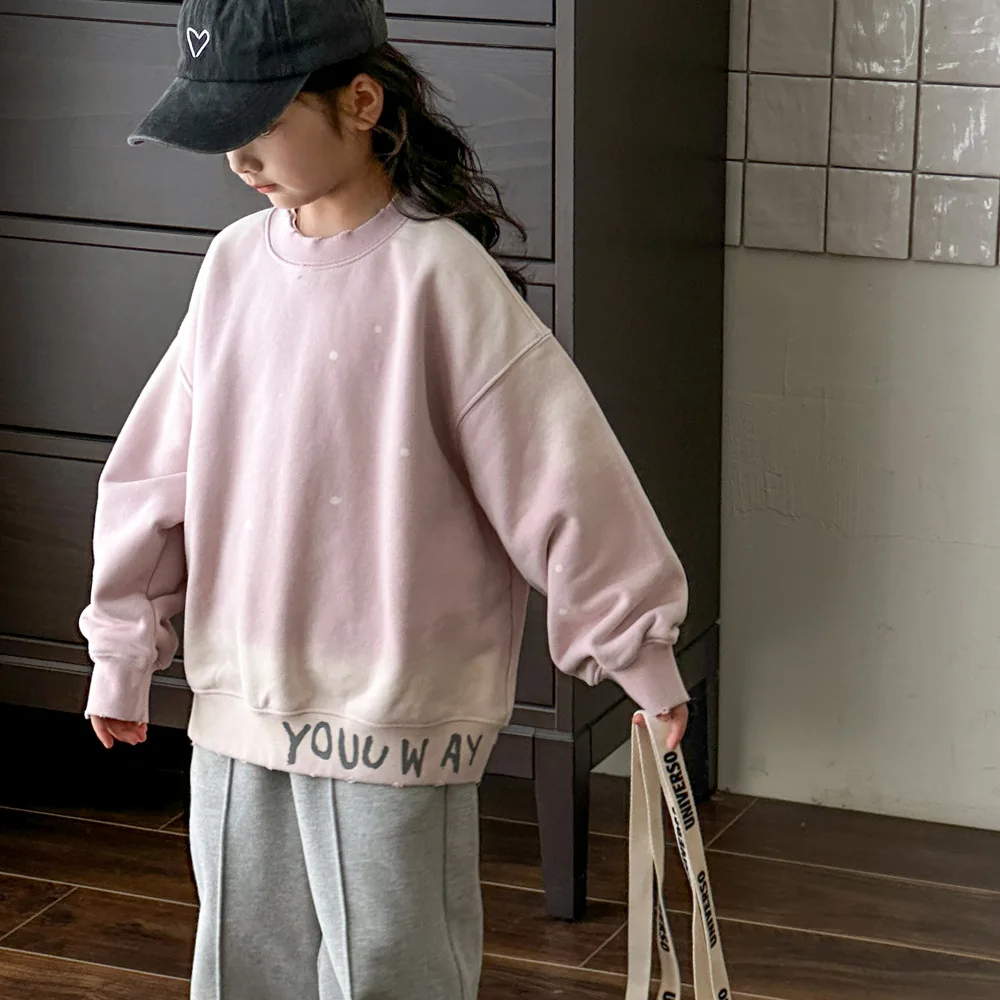 Girls Hoodie Autumn and Winter Style Children Gradual Color-changing Tie-dye Printing Fluffy Loose Casual Top Pink Hoodies