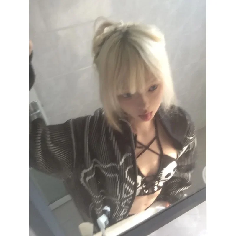 Deeptown Y2k Harajuku damskie rozpinane swetry Vintage gotycki Kint Grunge koreańska moda Oversized jesień Streetwear