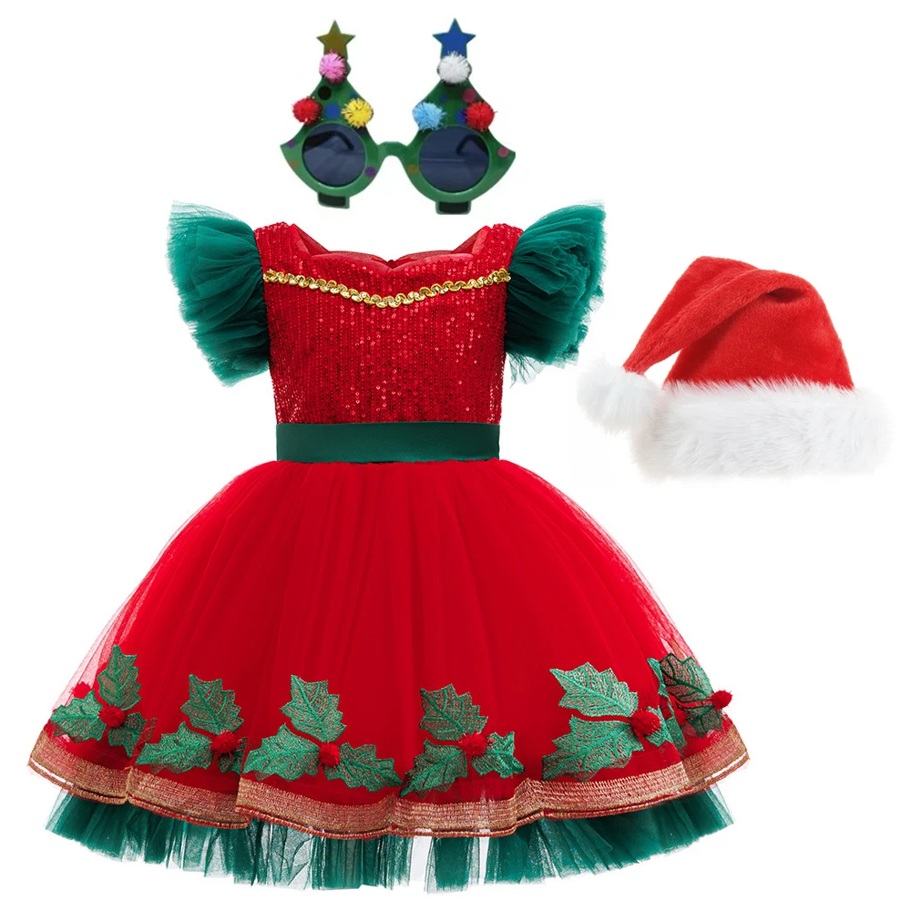 

Платье для рождественской вечеринки для девочек и шляпа-очки, элегантное платье для девочек, карнавальное бальное платье с блестками, детские свадебные платья на день рождения