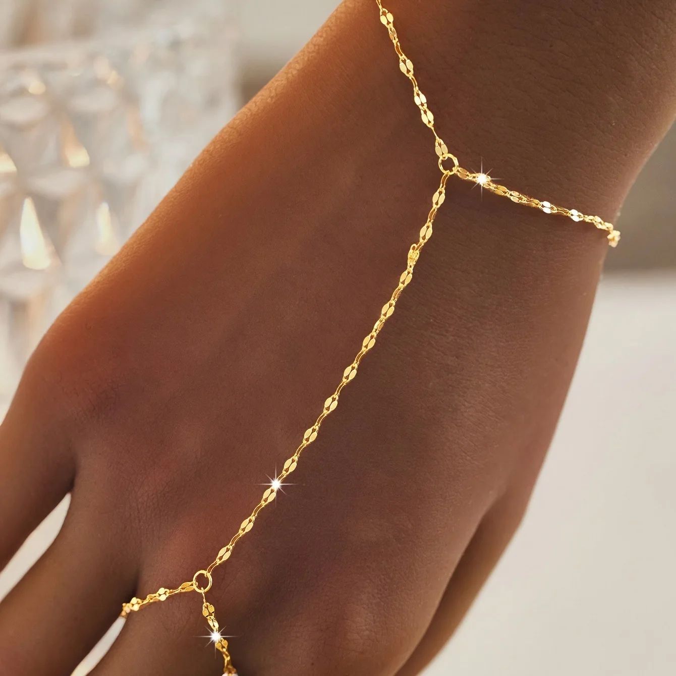 New Minimalist Gold Silver Color Thin Hand Chain Ring Bracelets for Women Punk Metal Link Connecting Harness Jewelry Party Gifts