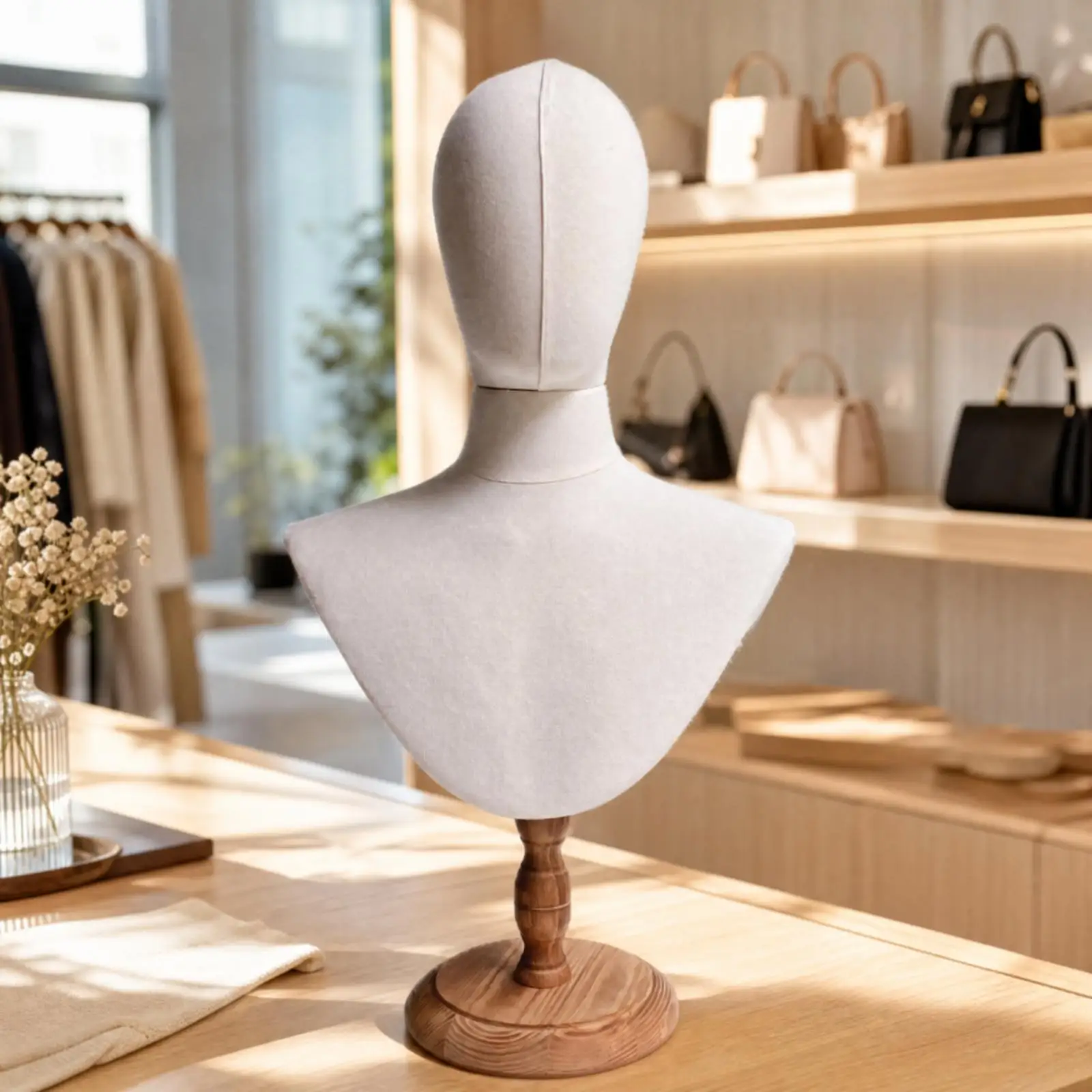 White Fabric Bust Mannequin Head Display Stand for Accessories Jewelry Hat Wig Showcase Adjustable Height Wooden Base